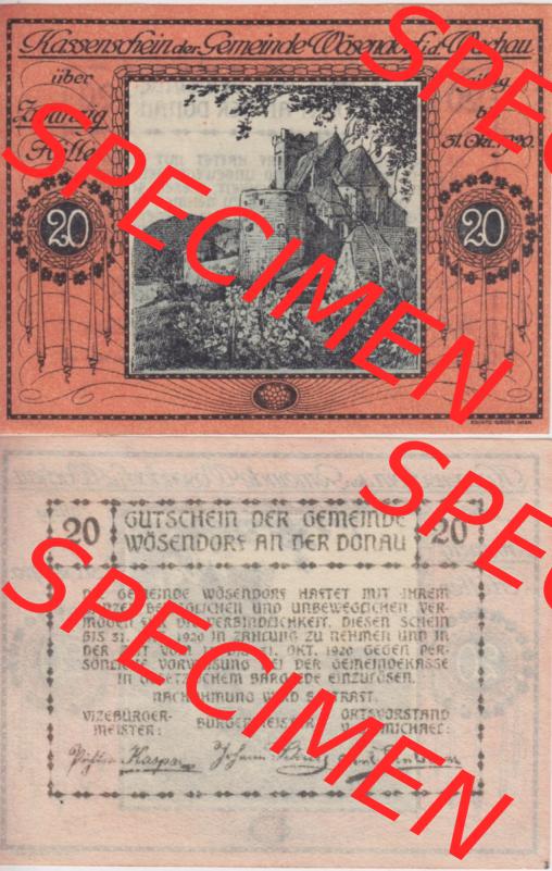 Notgeldscheine Niederösterreich Wösendorf Wachauer Notgeld 1920, 20 Heller. Vorderseite und Rückseite des Notgeldscheins auf einen Digitalen Bild zu katalogisieren der eigenen... Sammlung
