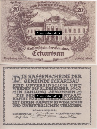 Notgeldscheine Niederösterreich Eckartsau 1920, 20 Heller. Vorderseite und Rückseite des Notgeldscheins auf einen Digitalen... Sammlung