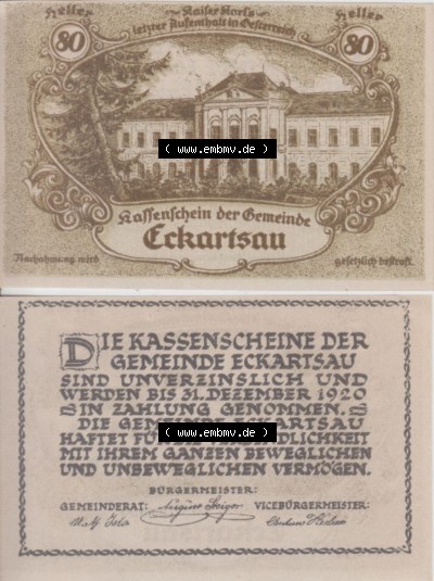 Notgeldscheine Niederösterreich Eckartsau 1920, 80 Heller. Vorderseite und Rückseite des Notgeldscheins auf einen Digitalen... Sammlung