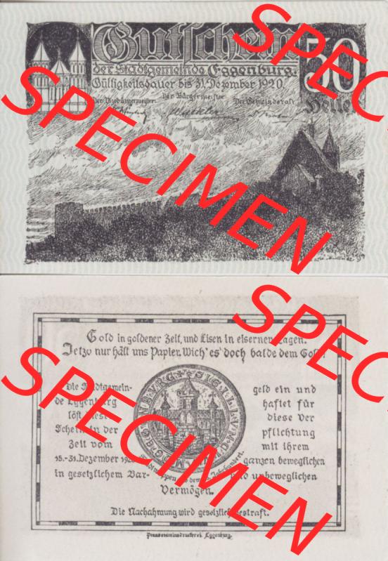 Notgeldscheine Niederösterreich Eggenburg 1920, 50 Heller I. Vorderseite und Rückseite des Notgeldscheins auf einen Digitalen Bild zu katalogisieren der eigenen Notgeld-Sammlung... Sammlung