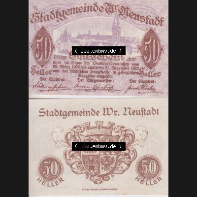 Notgeldscheine Niederösterreich Wiener-Neustadt, Stadt-Gemeinde 1920, 50 Heller. Vorderseite und Rückseite des Notgeldscheins auf einen Digitalen Bild zu katalogisieren der... Sammlung