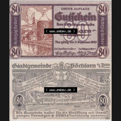 Notgeldscheine Niederösterreich Pöchlarn 1920, 80 Heller. Vorderseite und Rückseite des Notgeldscheins auf einen Digitalen Bild zu katalogisieren der eigenen Notgeld-Sammlung... Sammlung