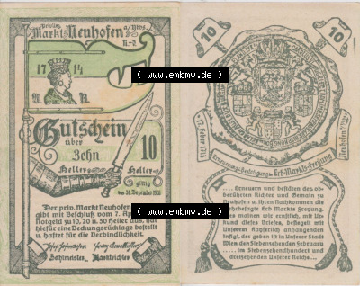Notgeldscheine Niederösterreich Neuhofen an der Ybbs 10 Heller. Vorderseite und Rückseite des Notgeldscheins auf einen Digitalen... Sammlung