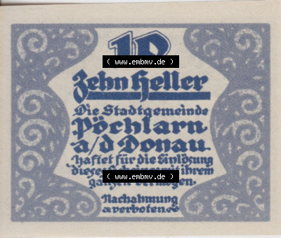 Notgeldscheine Niederösterreich Pöchlarn 1920, 10 Heller I. Vorderseite des Notgeldscheins im online Katalog auf EMBMV zum katalogisieren... Sammlung