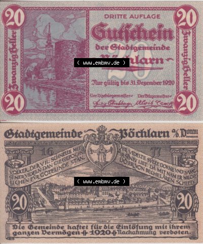 Notgeldscheine Niederösterreich Pöchlarn 1920, 20 Heller. Vorderseite und Rückseite des Notgeldscheins auf einen Digitalen... Sammlung