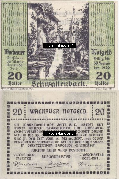 Notgeldscheine Niederösterreich Schwallenbach Wachauer Notgeld 1920, 20 Heller. Vorderseite und Rückseite des Notgeldscheins... Sammlung