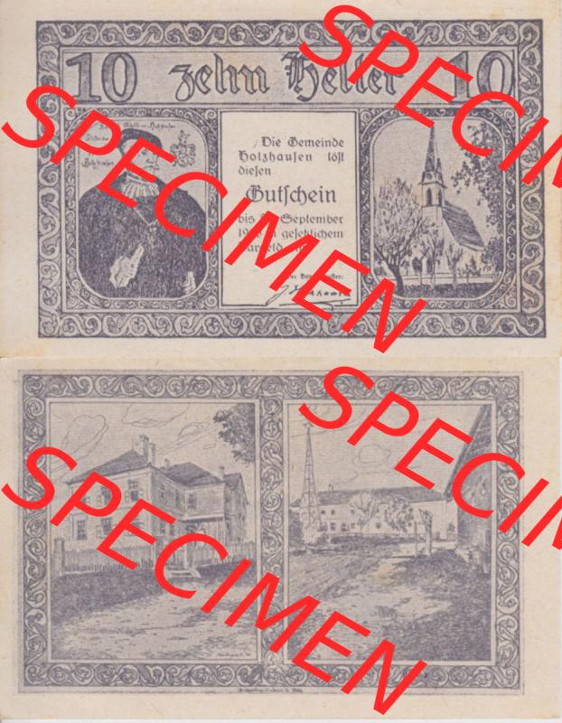 Notgeldscheine Oberösterreich Holzhausen 1920, 10 Heller. Vorderseite und Rückseite auf einen Digitalen Bild des oberösterreichischen Notgeldscheins im online Katalog für... Sammlung