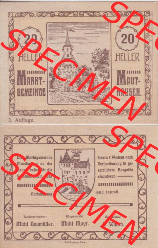 Notgeldscheine Oberösterreich Mauthausen 20 Heller I. Vorderseite und Rückseite auf einen Digitalen Bild des oberösterreichischen Notgeldscheins im online Katalog für private... Sammlung