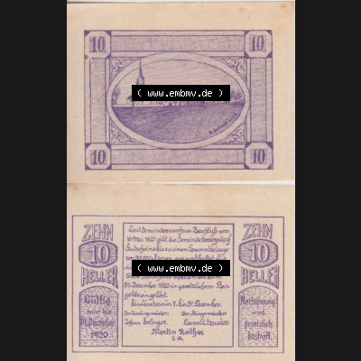 Notgeldscheine Oberösterreich Herzogsdorf, Gemeinde 1920 10 Heller. Vorderseite und Rückseite auf einen Digitalen Bild des oberösterreichischen Notgeldscheins im online Katalog... Sammlung