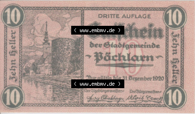 Notgeldscheine Niederösterreich Pöchlarn 1920, 10 Heller II. Vorderseite des Notgeldscheins im online Katalog auf EMBMV zum... Sammlung
