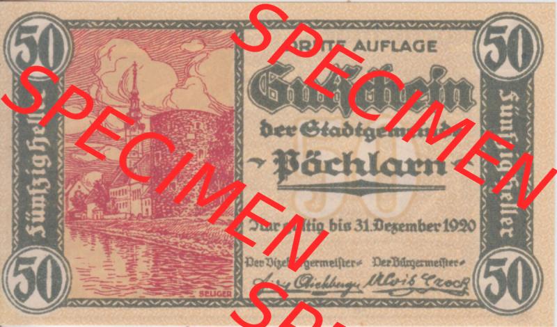Notgeldscheine Niederösterreich Pöchlarn 1920, 50 Heller II. Vorderseite des Notgeldscheins im online Katalog auf EMBMV zum katalogisieren der eigenen Sammlung für private Sammler... Sammlung