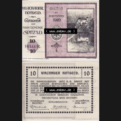 Notgeldscheine Niederösterreich Spitz Wachauer Notgeld 1920, I. 10 Heller. Vorderseite und Rückseite des Notgeldscheins auf einen Digitalen Bild zu katalogisieren der eigenen... Sammlung