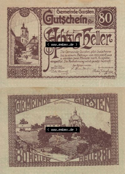 Notgeldscheine Oberösterreich Gemeinde Garsten 192x, 80 Heller. Vorderseite und Rückseite auf einen Digitalen Bild des oberösterreichischen... Sammlung