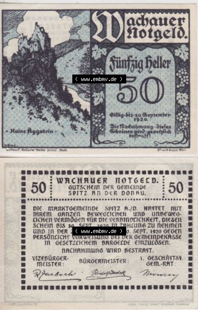 Notgeldscheine Niederösterreich Aggstein Wachauer Notgeld 1920, 50 Heller. Vorderseite und Rückseite des Notgeldscheins auf... Sammlung