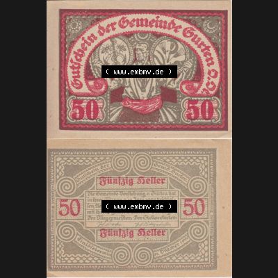 Notgeldscheine Oberösterreich Gurten, Gemeinde 1920, 50 Heller. Vorderseite und Rückseite auf einen Digitalen Bild des oberösterreichischen Notgeldscheins im online Katalog... Sammlung