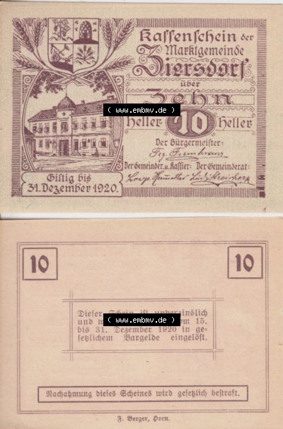 Notgeldscheine Niederösterreich Ziersdorf 1920, 10 Heller. Vorderseite und Rückseite des Notgeldscheins auf einen Digitalen... Sammlung