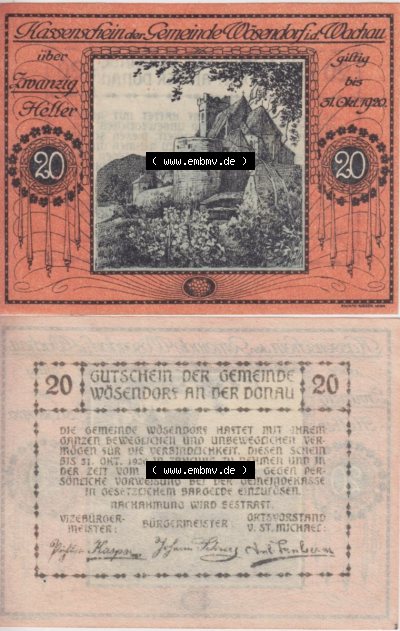 Notgeldscheine Niederösterreich Wösendorf Wachauer Notgeld 1920, 20 Heller. Vorderseite und Rückseite des Notgeldscheins auf... Sammlung