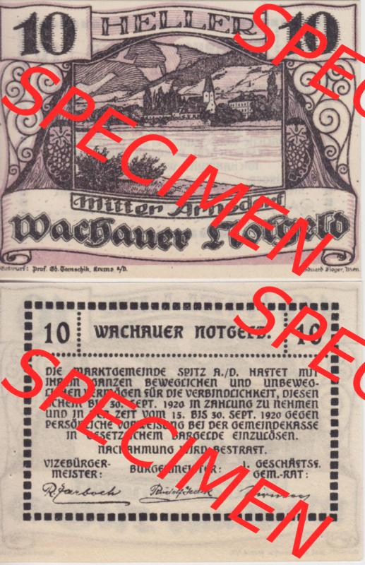 Notgeldscheine Niederösterreich Mitterarnsdorf Wachauer Notgeld 1920, 10 Heller Wachauer Notgeld. Vorderseite und Rückseite des Notgeldscheins auf einen Digitalen Bild zu katalogisieren... Sammlung