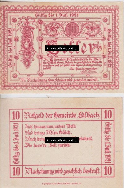 Notgeldscheine Oberösterreich Edlbach 1921, 10 Heller (3) Sammlung