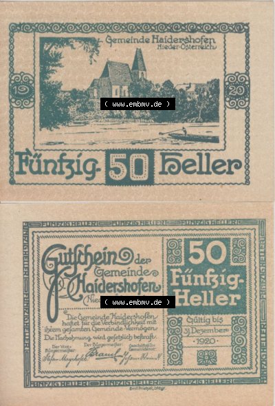 Notgeldscheine Niederösterreich Haidershofen 1920, 50 Heller. Vorderseite und Rückseite des Notgeldscheins auf einen Digitalen... Sammlung