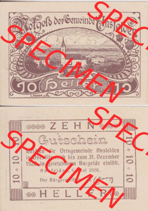 Notgeldscheine Oberösterreich Ansfelden Ortsgemeinde 1920, 10 Heller. Vorderseite und Rückseite auf einen Digitalen Bild des oberösterreichischen Notgeldscheins im online Katalog... Sammlung