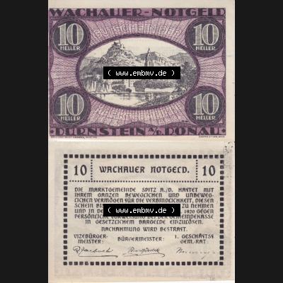 Notgeldscheine Niederösterreich Dürnstein Wachauer Notgeld 1920, 10 Heller. Vorderseite und Rückseite des Notgeldscheins auf einen Digitalen Bild zu katalogisieren der eigenen... Sammlung