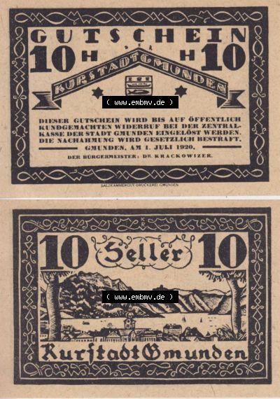 Notgeldscheine Oberösterreich Kurstadt Gmunden 1920, 10 Heller. Vorderseite und Rückseite auf einen Digitalen Bild des oberösterreichischen... Sammlung