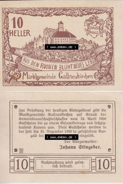 Notgeldscheine Oberösterreich Gallneukirchen 1920, 10 Heller. Vorderseite und Rückseite auf einen Digitalen Bild des oberösterreichischen... Sammlung