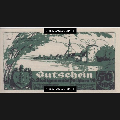 Notgeldscheine Niederösterreich Pöchlarn 1920, 50 Heller I. Vorderseite des Notgeldscheins im online Katalog auf EMBMV zum katalogisieren der eigenen Sammlung für private Sammler... Sammlung