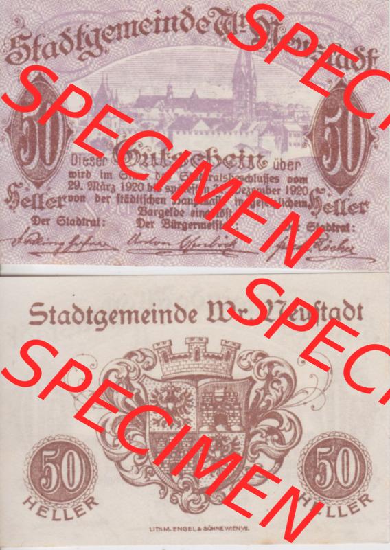 Notgeldscheine Niederösterreich Wiener-Neustadt, Stadt-Gemeinde 1920, 50 Heller. Vorderseite und Rückseite des Notgeldscheins auf einen Digitalen Bild zu katalogisieren der... Sammlung