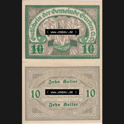 Notgeldscheine Oberösterreich Gurten, Gemeinde 1920, 10 Heller. Vorderseite und Rückseite auf einen Digitalen Bild des oberösterreichischen Notgeldscheins im online Katalog... Sammlung