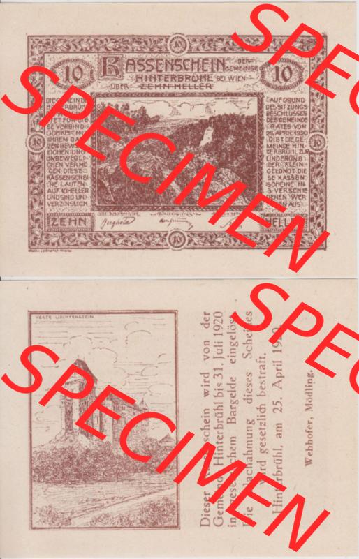 Notgeldscheine Niederösterreich Hinterbrühl 1920, 10 Heller I. Vorderseite und Rückseite des Notgeldscheins auf einen Digitalen Bild zu katalogisieren der eigenen Notgeld-Sammlung... Sammlung