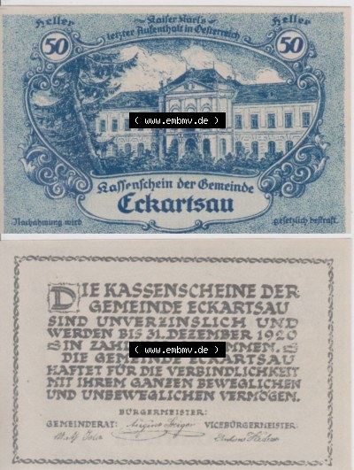 Notgeldscheine Niederösterreich Eckartsau 1920, 50 Heller. Vorderseite und Rückseite des Notgeldscheins auf einen Digitalen... Sammlung