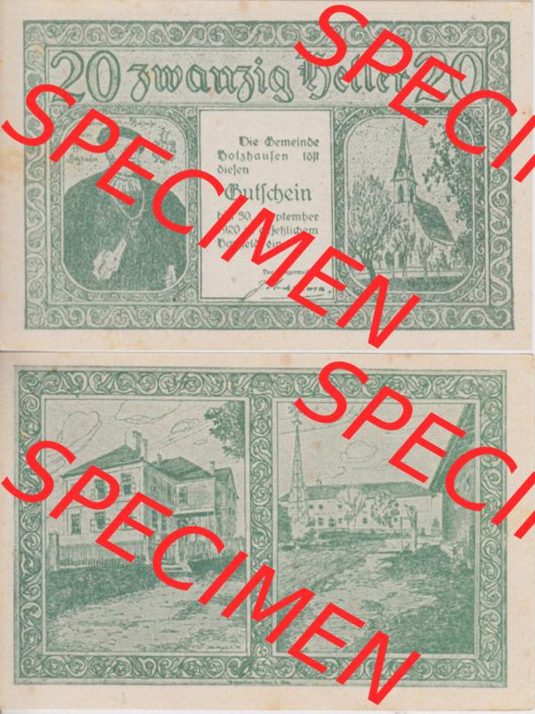 Notgeldscheine Oberösterreich Holzhausen 1920, 20 Hellerr. Vorderseite und Rückseite auf einen Digitalen Bild des oberösterreichischen Notgeldscheins im online Katalog für... Sammlung