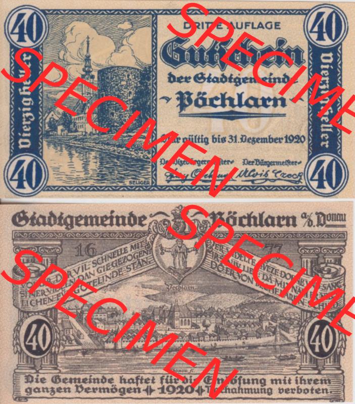 Notgeldscheine Niederösterreich Pöchlarn 1920, 40 Heller. Vorderseite und Rückseite des Notgeldscheins auf einen Digitalen Bild zu katalogisieren der eigenen Notgeld-Sammlung... Sammlung