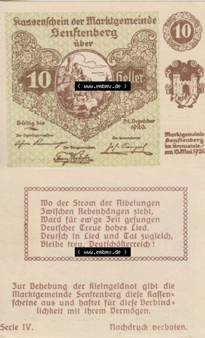 Notgeldscheine Niederösterreich Senftenberg Kassenschein 1920, Serie IV. 10 Heller (3) Sammlung