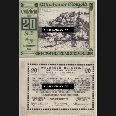 Notgeldscheine Niederösterreich Schloss Ranna-Mühldorf 1920, 20 Heller. Vorderseite und Rückseite des Notgeldscheins auf einen Digitalen Bild zu katalogisieren der eigenen Notgeld-Sammlung... Sammlung