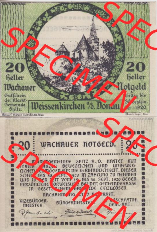 Notgeldscheine Niederösterreich Weissenkirchen in der Wachau, Wachauer Notgeld 1920, 20 Heller. Vorderseite und Rückseite des Notgeldscheins auf einen Digitalen Bild zu katalogisieren... Sammlung