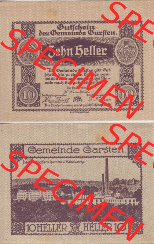 Notgeldscheine Oberösterreich Gemeinde Garsten 10 Heller. Vorderseite und Rückseite auf einen Digitalen Bild des oberösterreichischen Notgeldscheins im online Katalog für private... Sammlung