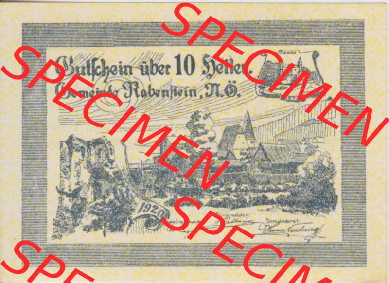 Notgeldscheine Niederösterreich Gemeinde Rabenstein 1920, 10 Heller. Vorderseite des Notgeldscheins im online Katalog auf EMBMV zum katalogisieren der eigenen Sammlung für private... Sammlung