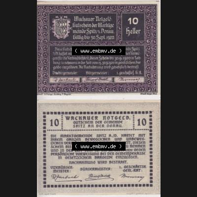 Notgeldscheine Niederösterreich Spitz Wachauer Notgeld 1920, 10 Heller. Vorderseite und Rückseite des Notgeldscheins auf einen Digitalen Bild zu katalogisieren der eigenen Notgeld-Sammlung... Sammlung