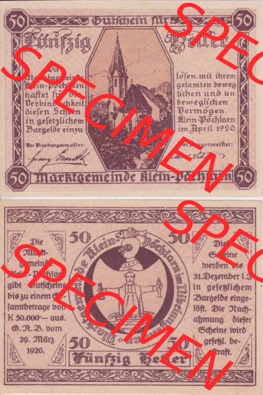 Notgeldscheine Niederösterreich Klein Pöchlarn 1920, 50 Heller. Vorderseite und Rückseite des Notgeldscheins auf einen Digitalen Bild zu katalogisieren der eigenen Notgeld-Sammlung... Sammlung