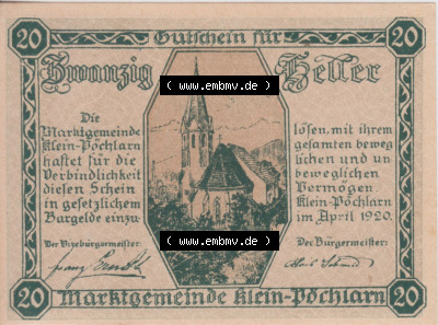 Notgeldscheine Niederösterreich Klein Pöchlarn 1920, 20 Heller. Vorderseite des Notgeldscheins im online Katalog auf EMBMV zum... Sammlung