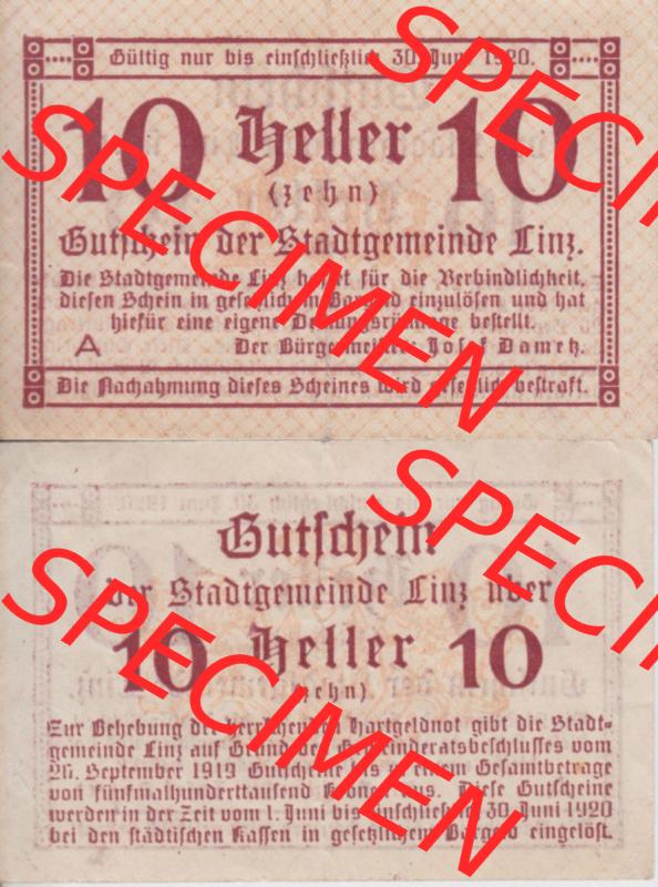 Notgeldscheine Oberösterreich Linz, Stadt-Gemeinde 1920, 10 Heller. Vorderseite und Rückseite auf einen Digitalen Bild des oberösterreichischen Notgeldscheins im online... Sammlung