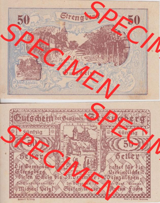 Notgeldscheine Niederösterreich Strengberg, Gemeinde 50 Heller. Vorderseite und Rückseite des Notgeldscheins auf einen Digitalen Bild zu katalogisieren der eigenen Notgeld-Sammlung... Sammlung