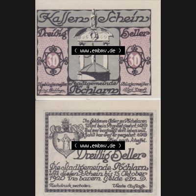 Notgeldscheine Niederösterreich Pöchlarn 1920, 30 Heller II. Vorderseite und Rückseite des Notgeldscheins auf einen Digitalen Bild zu katalogisieren der eigenen Notgeld-Sammlung... Sammlung