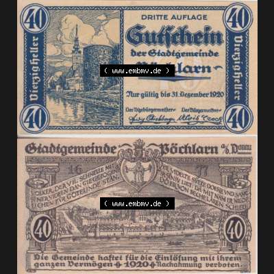 Notgeldscheine Niederösterreich Pöchlarn 1920, 40 Heller. Vorderseite und Rückseite des Notgeldscheins auf einen Digitalen Bild zu katalogisieren der eigenen Notgeld-Sammlung... Sammlung