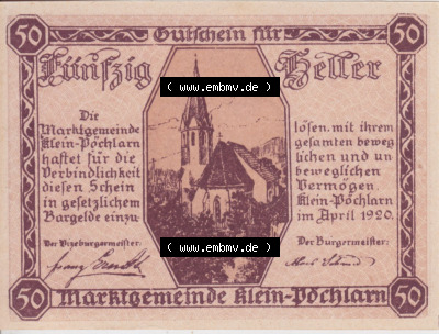 Notgeldscheine Niederösterreich Klein Pöchlarn 1920, 50 Heller. Vorderseite des Notgeldscheins im online Katalog auf EMBMV zum... Sammlung