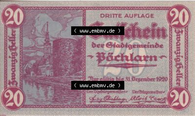 Notgeldscheine Niederösterreich Pöchlarn 1920, 20 Heller. Vorderseite des Notgeldscheins im online Katalog auf EMBMV zum katalogisieren... Sammlung