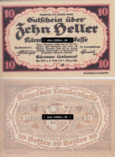 Notgeldscheine Kärnten Kärntner Landeskasse 1920, 10 Heller. Vorderseite und Rückseite des Notgeldscheins auf einen Digitalen... Sammlung